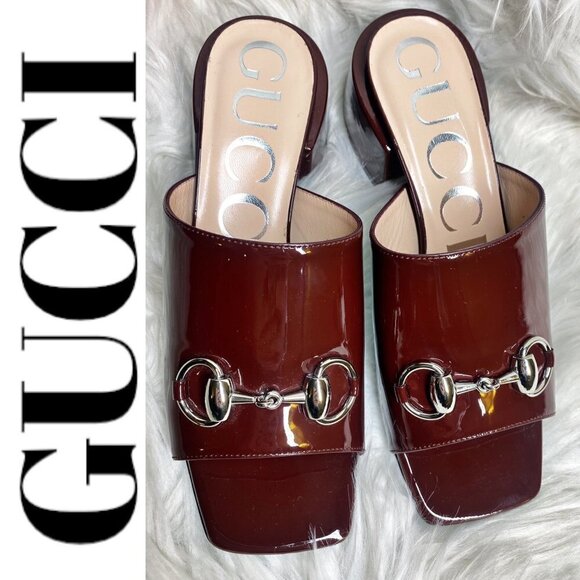 NWOT GUCCI Lexi Patent Leather Horsebit Accent Burgundy Slides, Size 35 - Picture 4 of 12